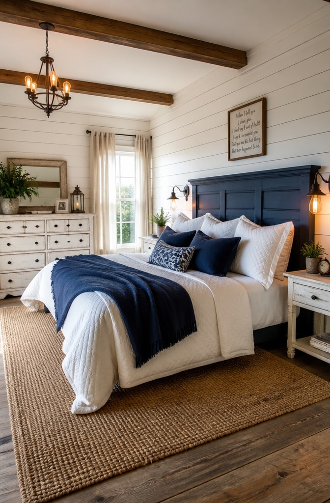 Cozy Navy and White Rustic Farmhouse Bedroom