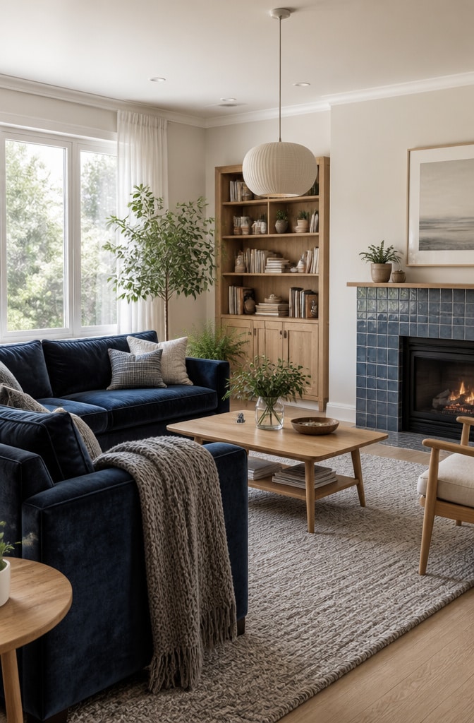 Cozy Royal Blue and Grey Scandinavian Living Room