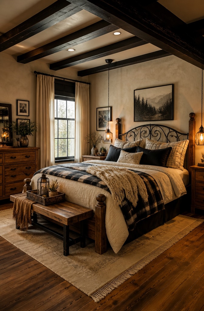 Cozy Rustic Black and Cream Bedroom