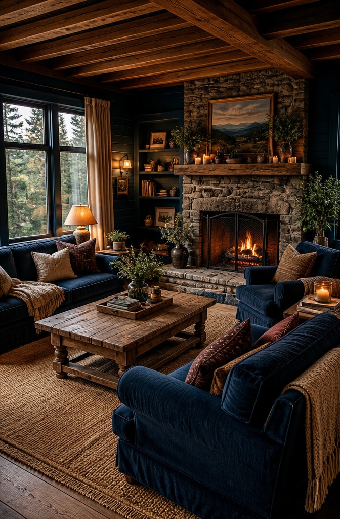 Cozy Rustic Midnight Blue Cottage Living Room