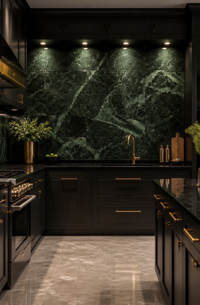 Dark Forest Green Marble-effect Tile Backsplash