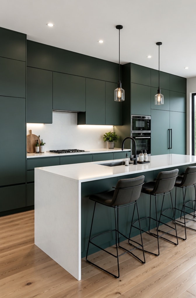Dark Green Contemporary Kitchen Cabinets with Integrated Appliances