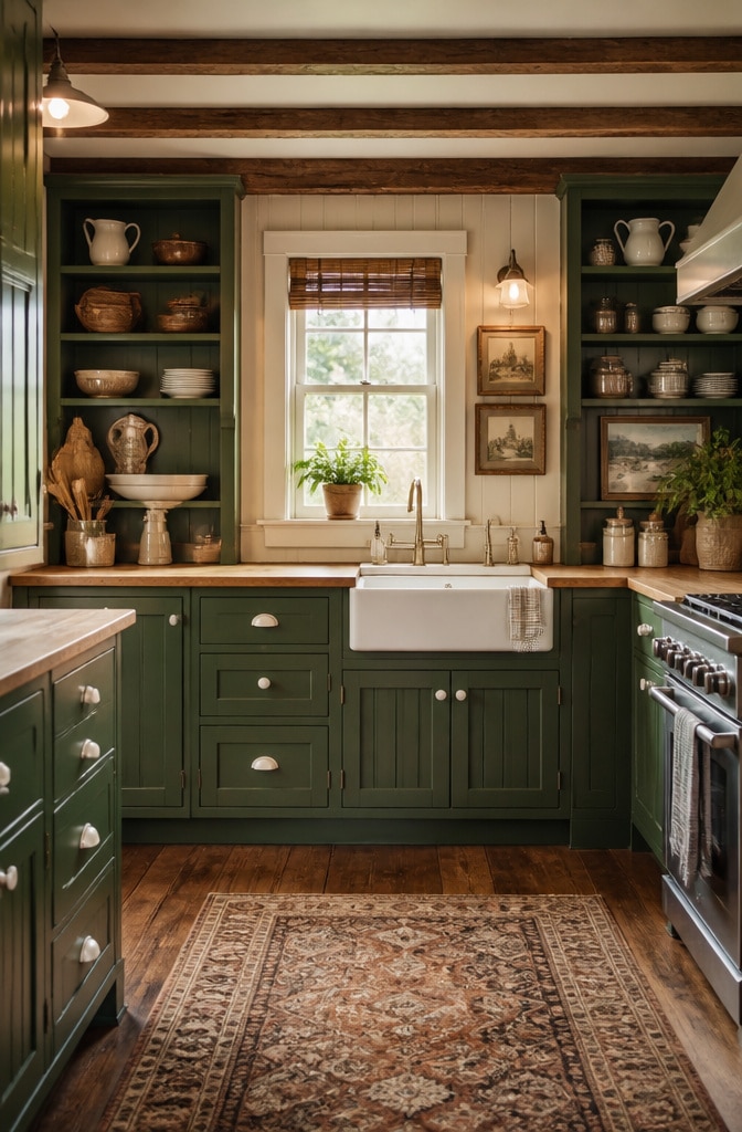 Dark Green Cottage Style Kitchen Cabinets