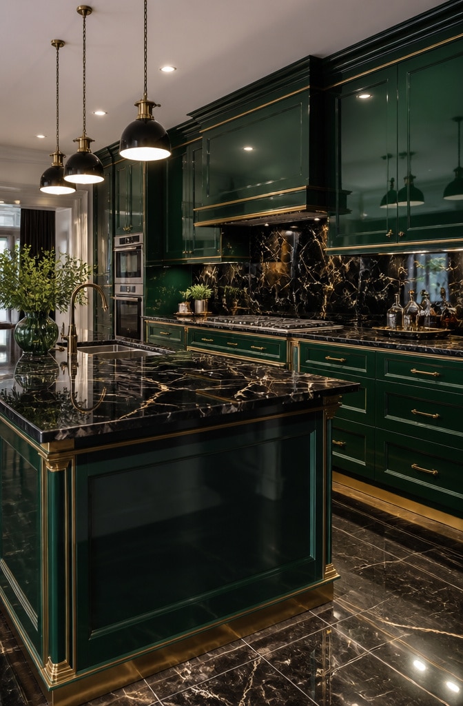 Dark Green Glossy Kitchen Cabinets with Gold Accents