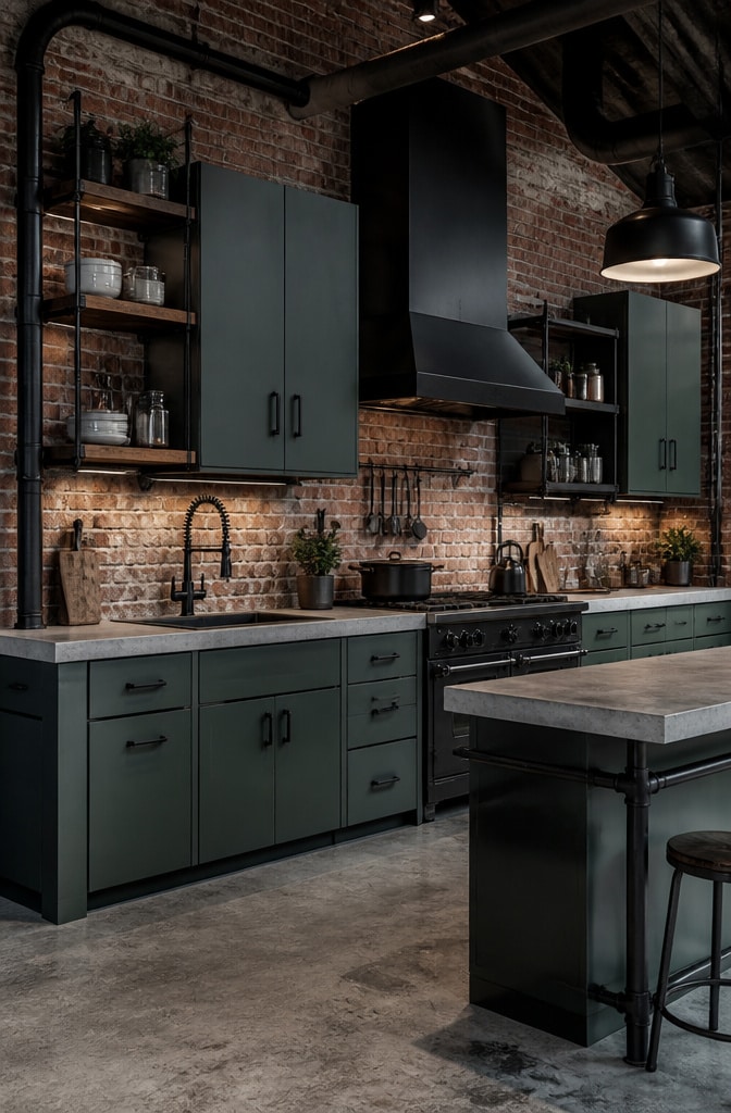 Dark Green Industrial Style Kitchen Cabinets