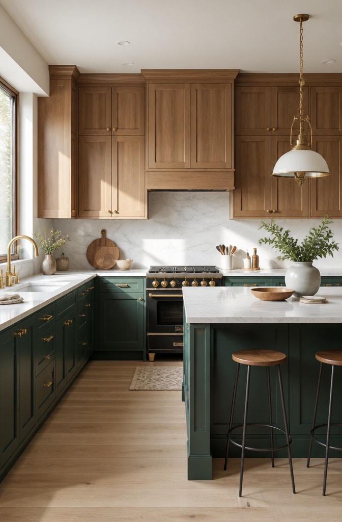 Dark Green Two-Tone Kitchen Cabinets with Wood