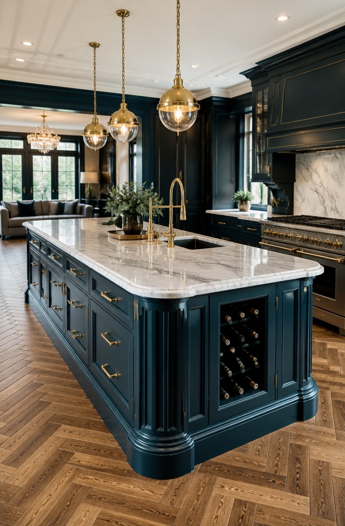 Dark Teal Blue Kitchen Island with Brass Accents
