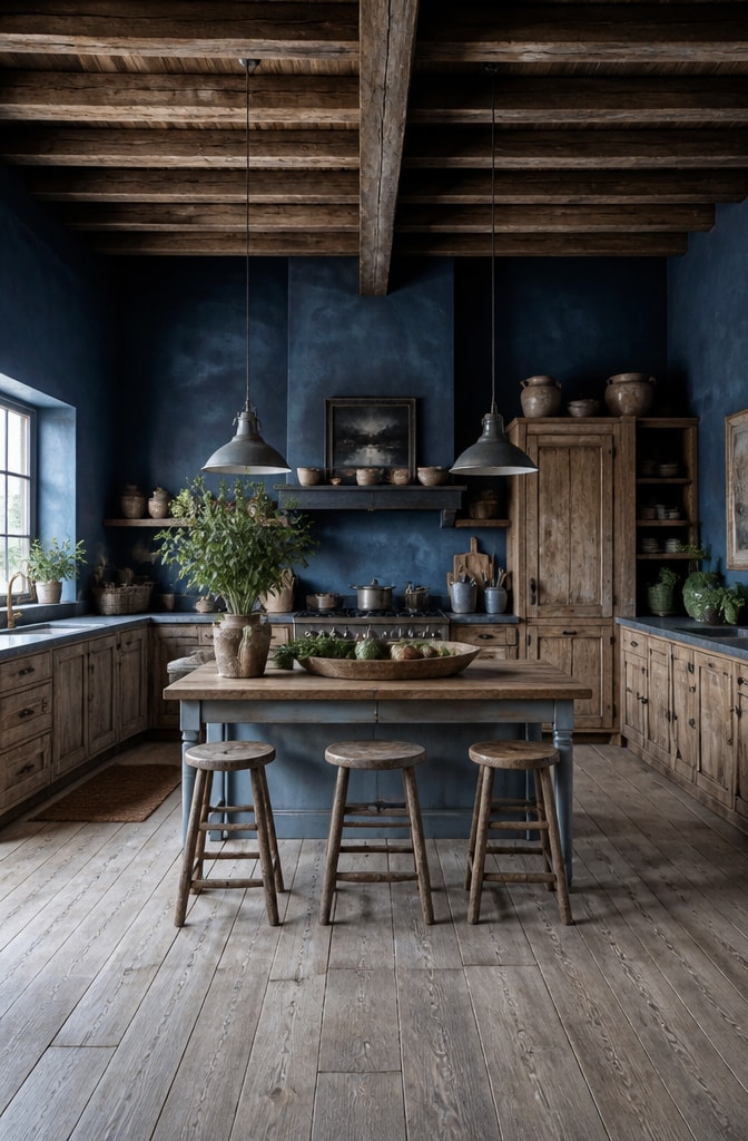 Deep Indigo Blue Rustic Kitchen Walls