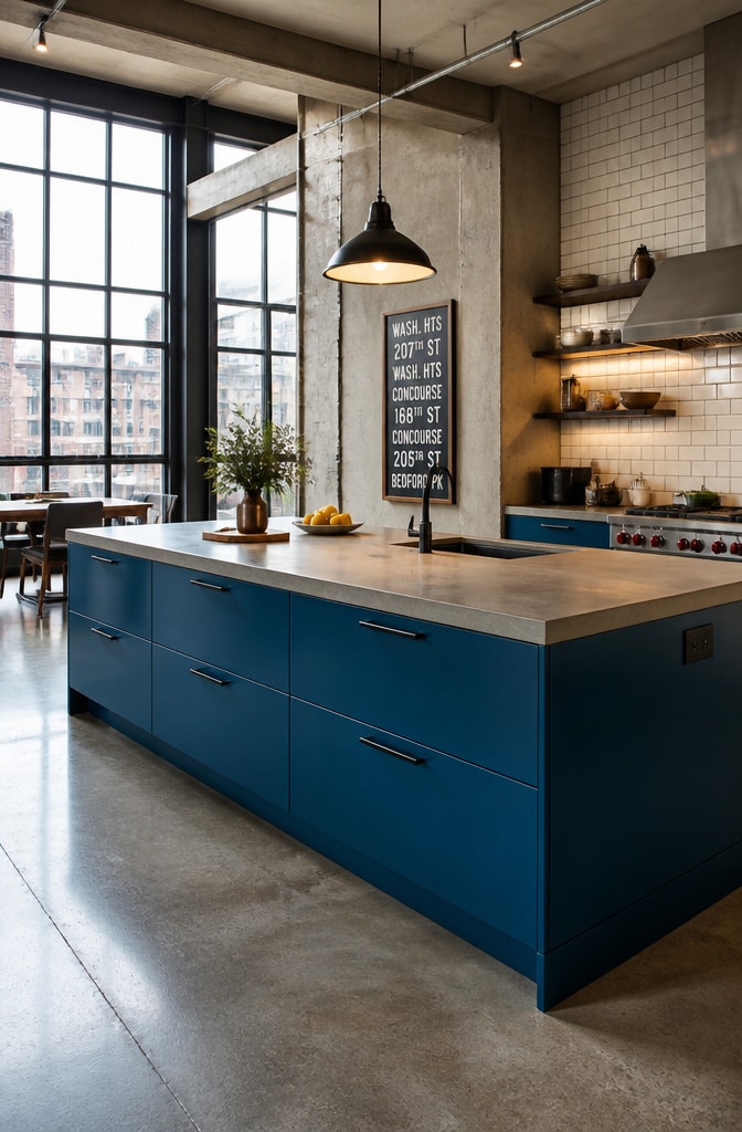 Deep Ocean Blue Kitchen Island with Concrete Countertop