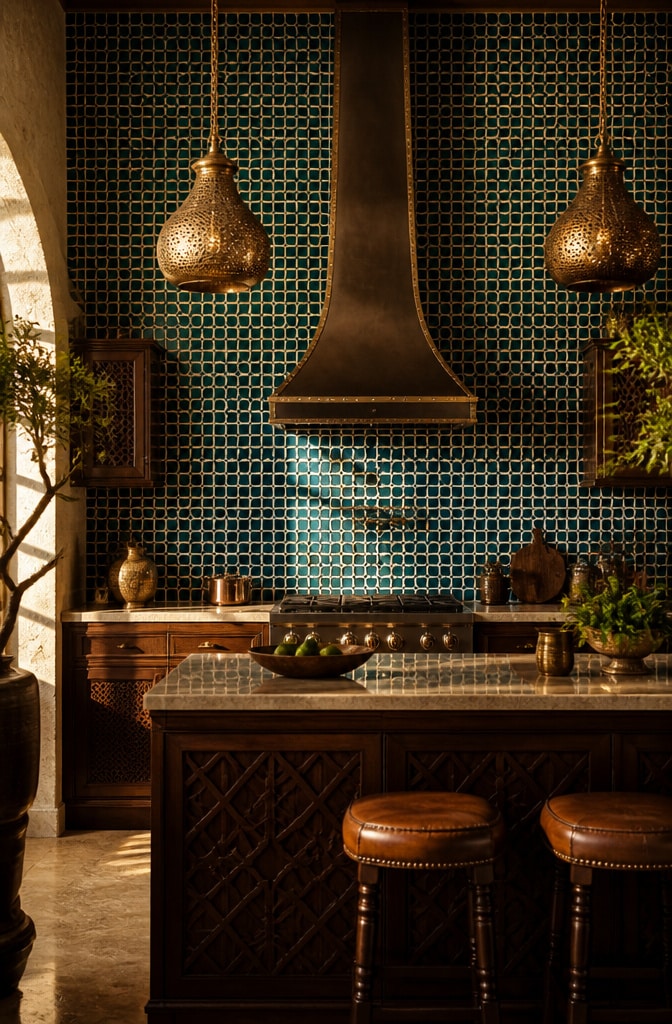 Deep Teal Moroccan-inspired Tile Backsplash