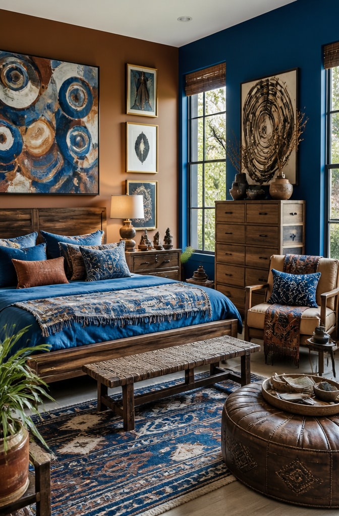 Eclectic Artistic Blue and Brown Bedroom