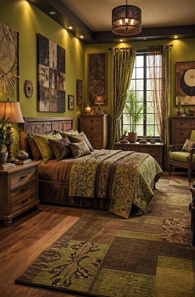 Eclectic Artistic Brown and Chartreuse Bedroom