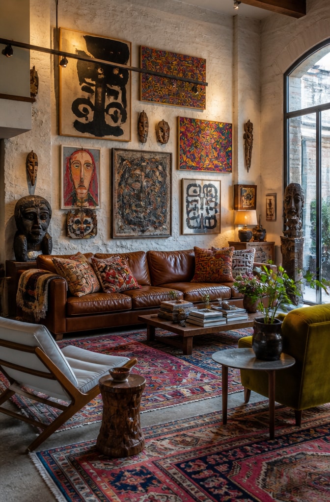 Eclectic Artistic Brown Leather Sofa Living Room