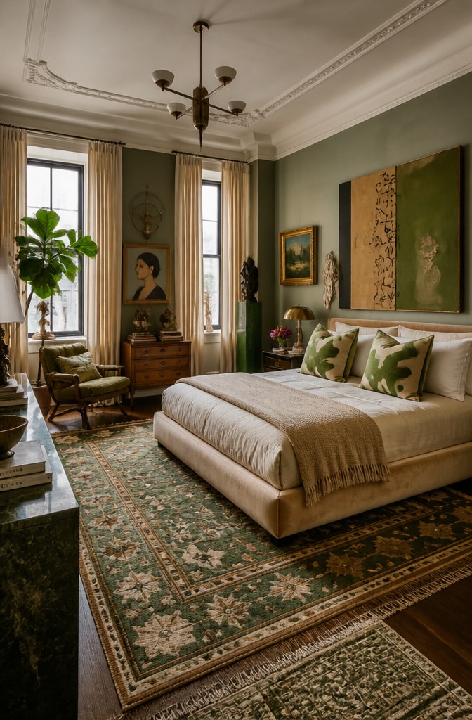 Eclectic Artistic Green and Beige Bedroom