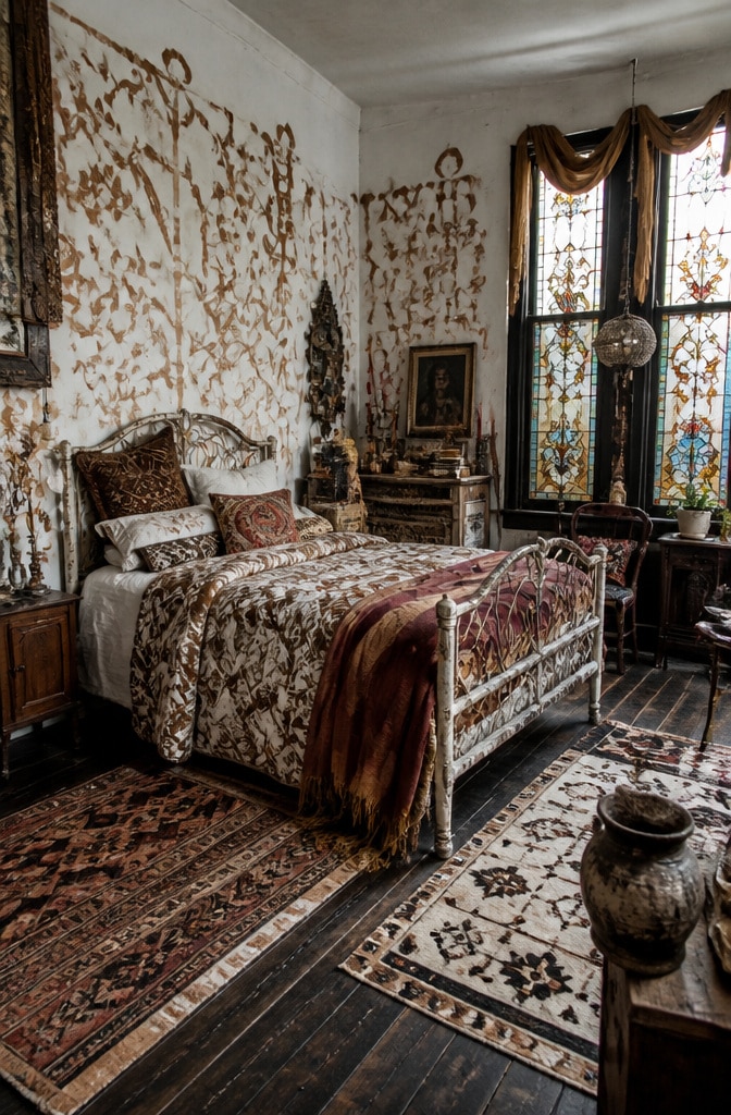 Eclectic Artistic White and Brown Bedroom