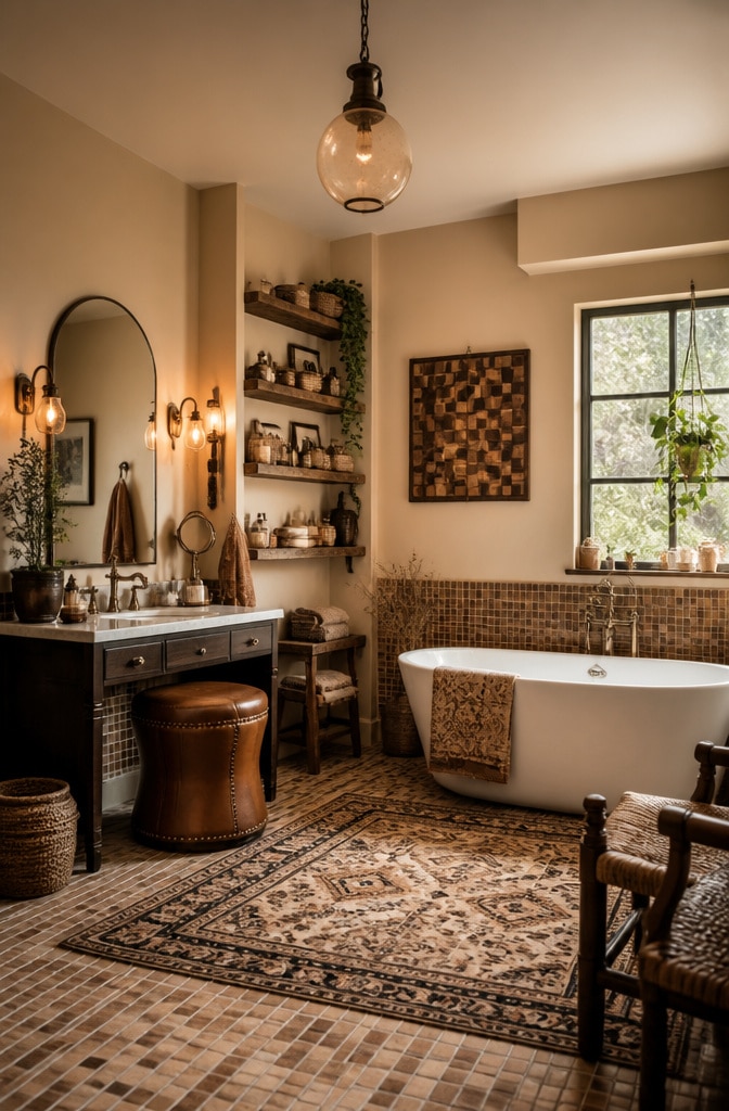 Eclectic Beige and Brown Bathroom with Mixed Textures