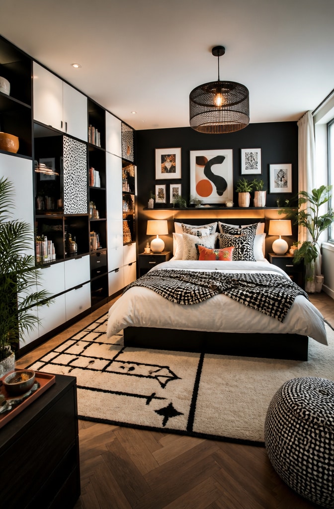 Eclectic Black and White Cupboard Bedroom