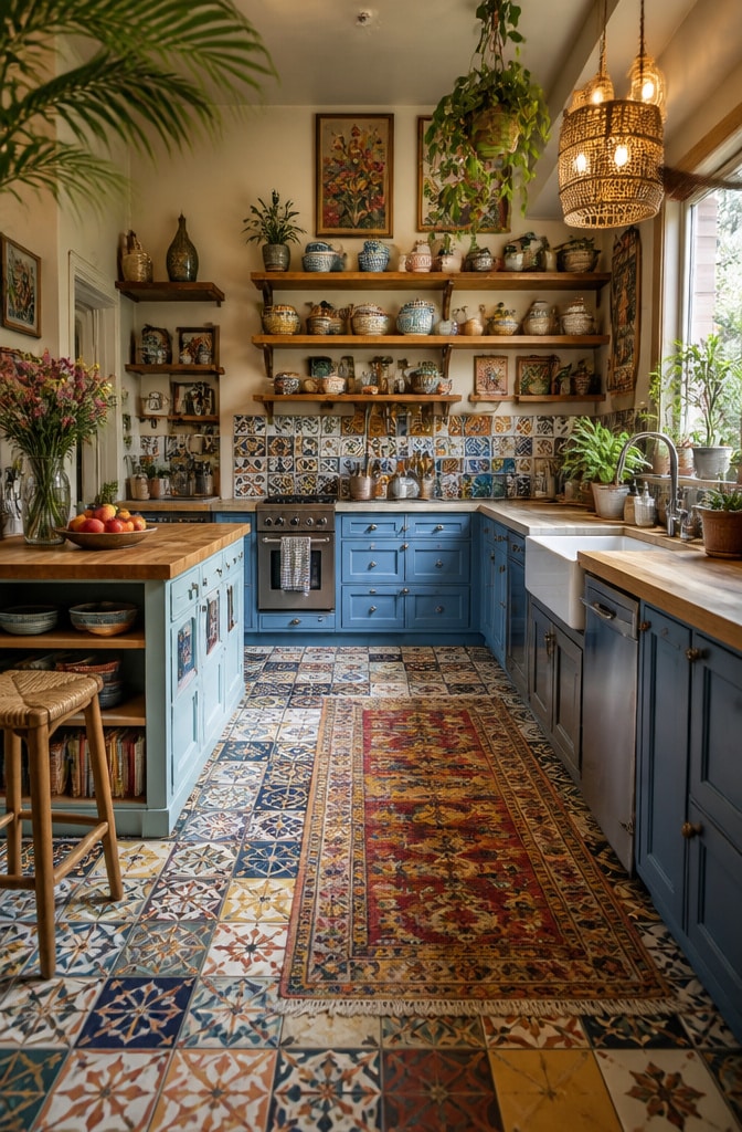 Eclectic Blue Bohemian Cottage Kitchen