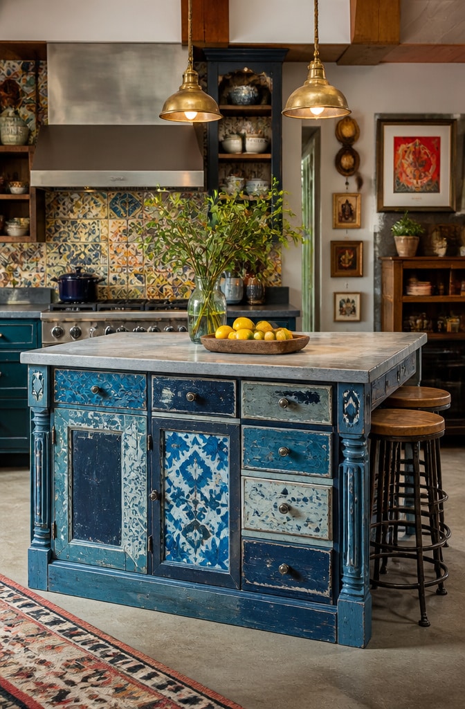 Eclectic Blue Patchwork Painted Kitchen Island
