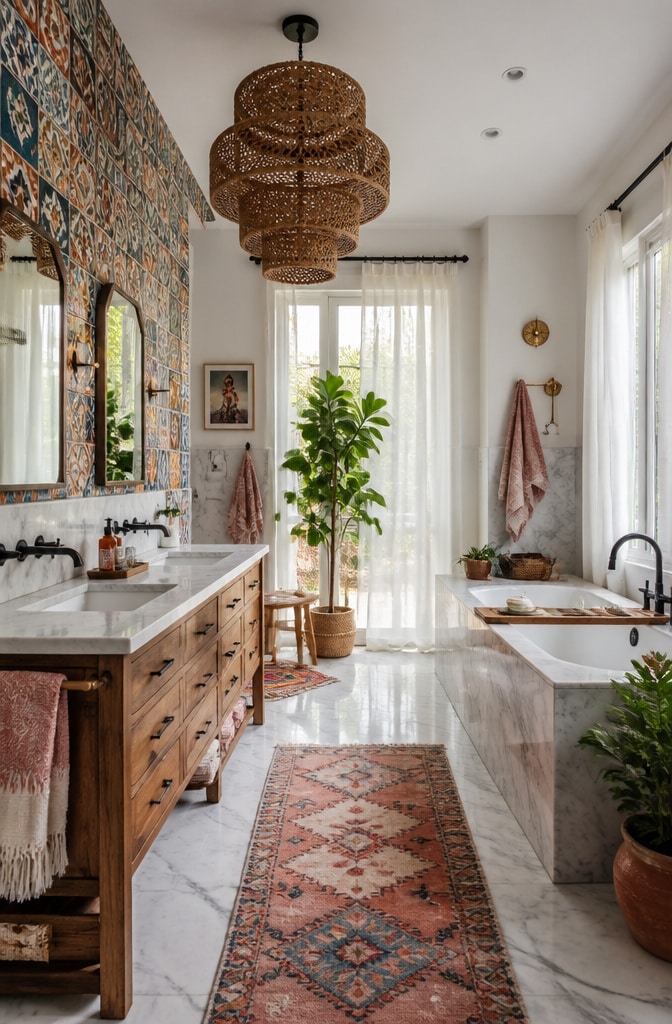Eclectic Bohemian Carrara Marble Bathroom