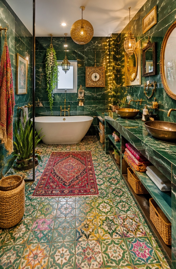 Eclectic Bohemian Green Marble Bathroom