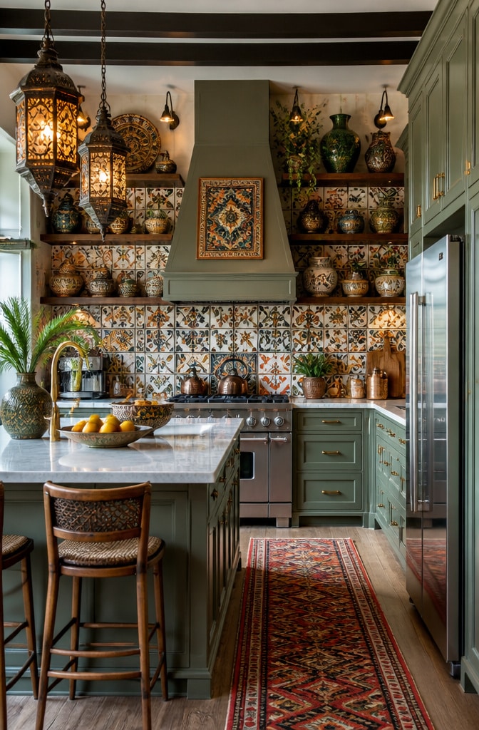 Eclectic Bohemian Pewter Green Cabinets