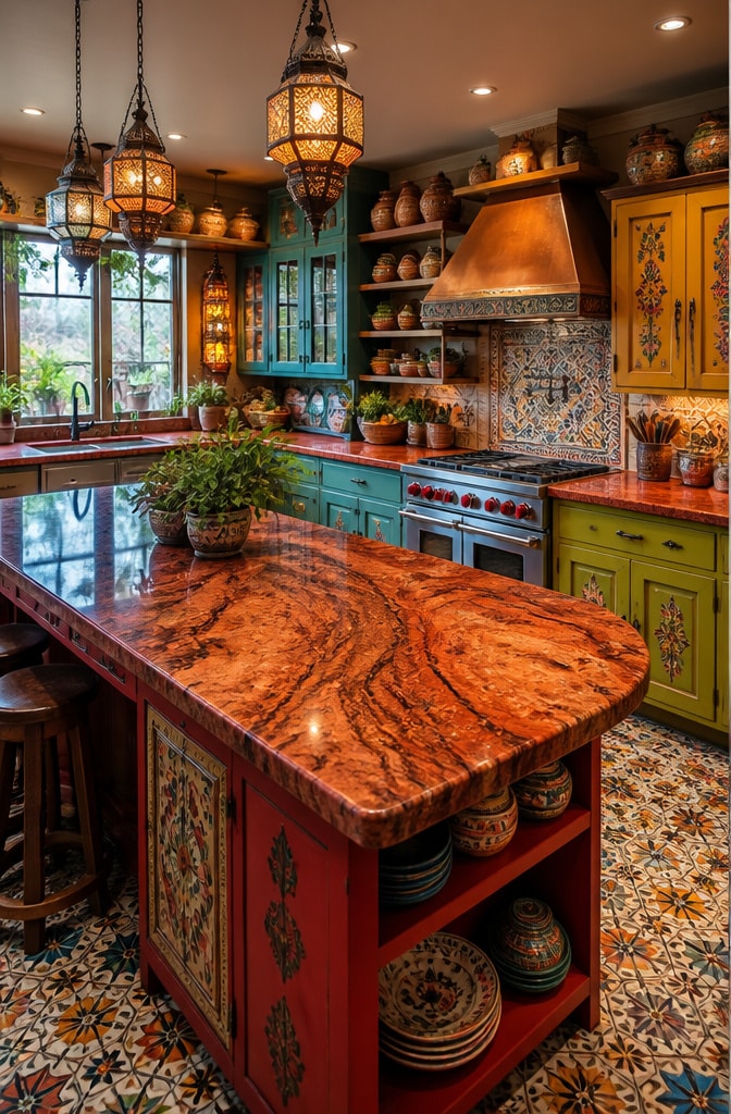 Eclectic Bohemian Red Granite Kitchen