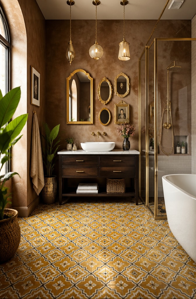 Eclectic Brown and Gold Bathroom with Patterned Tiles