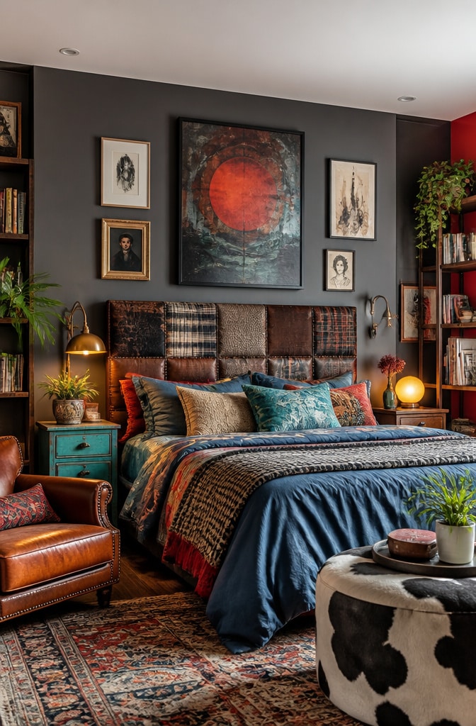 Eclectic Brown Patchwork Headboard Bedroom