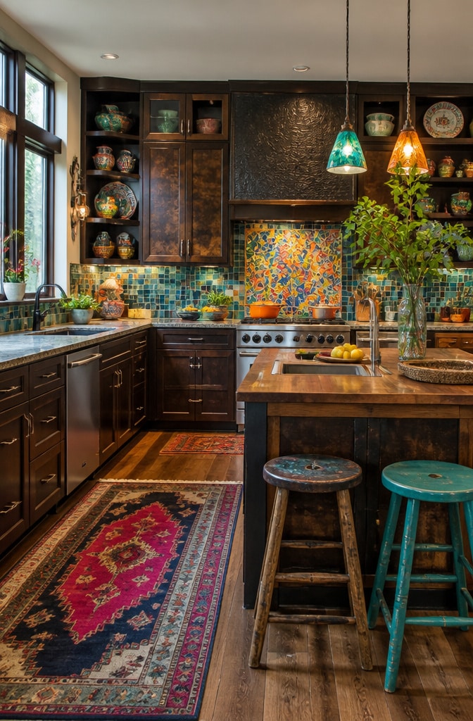 Eclectic Dark Brown Cabinets with Colorful Backsplash