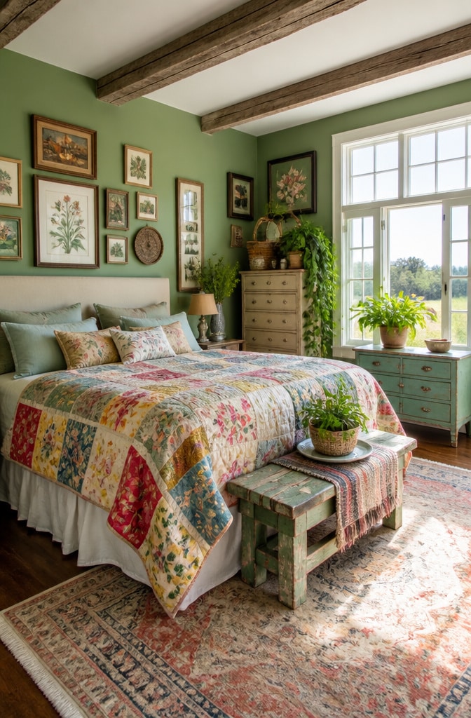 Eclectic Farmhouse Bedroom with Sage Green Tones
