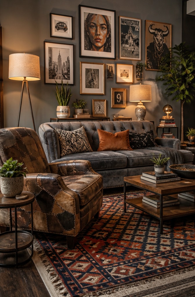 Eclectic Gray and Brown Living Room