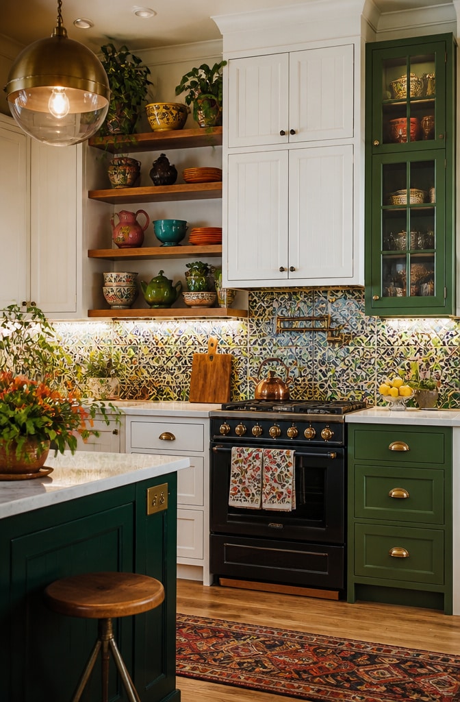 Eclectic Green and White Kitchen Cabinets