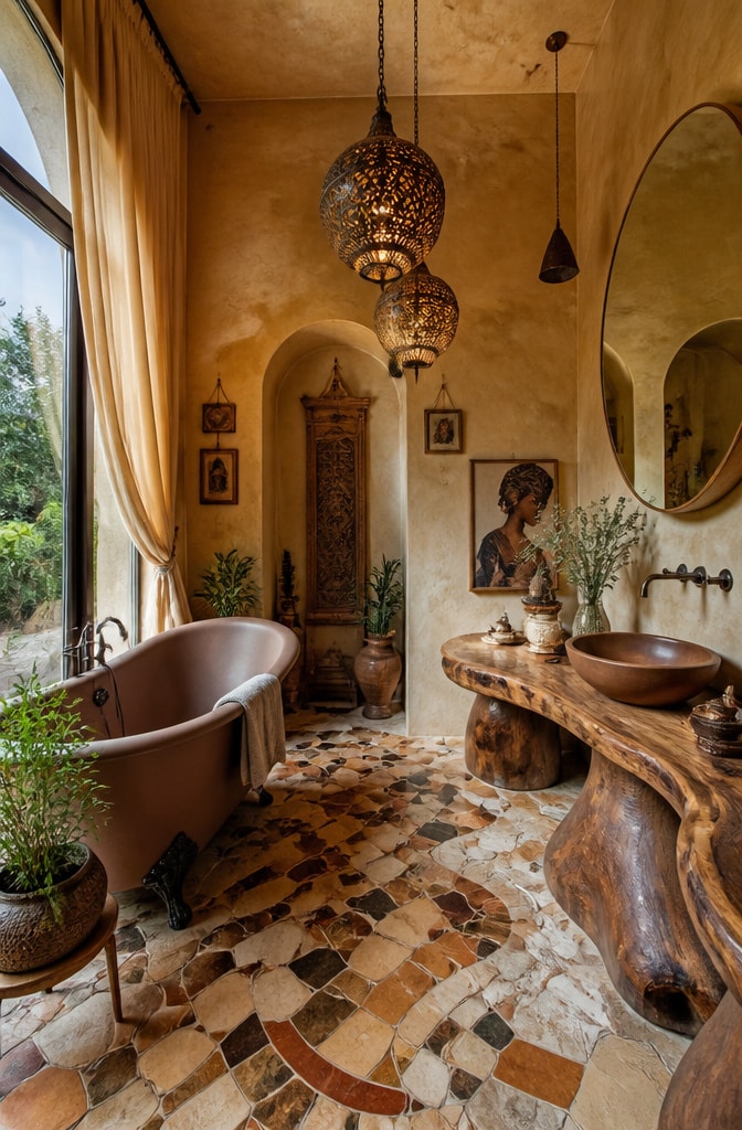 Eclectic Light Brown Bathroom with Artistic Flair