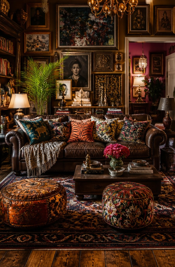 Eclectic Maximalist Chocolate Brown Couch Living Room