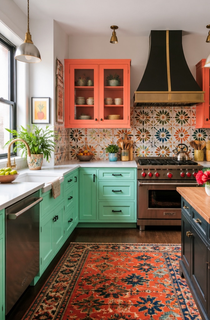 Eclectic Mint Green and Coral Kitchen Cabinets