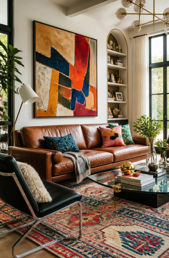 Eclectic Modern Brown Leather Sofa Living Room