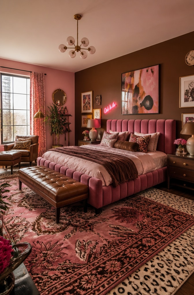 Eclectic Modern Pink and Brown Bedroom