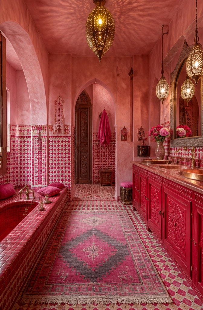 Eclectic Moroccan Pink and Red Bathroom