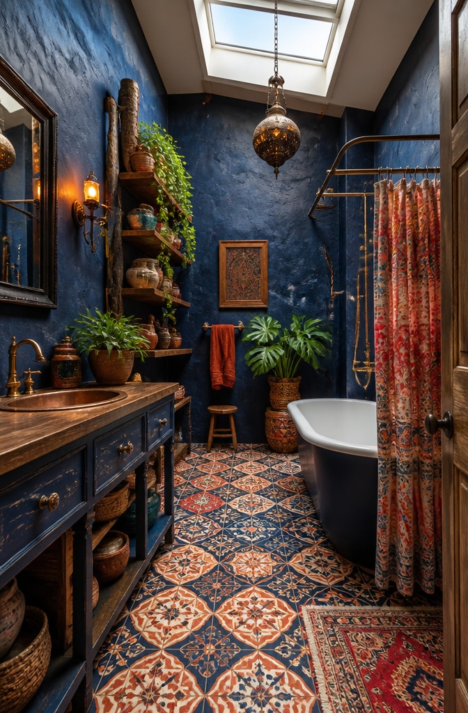 Eclectic Navy Blue Bohemian Bathroom