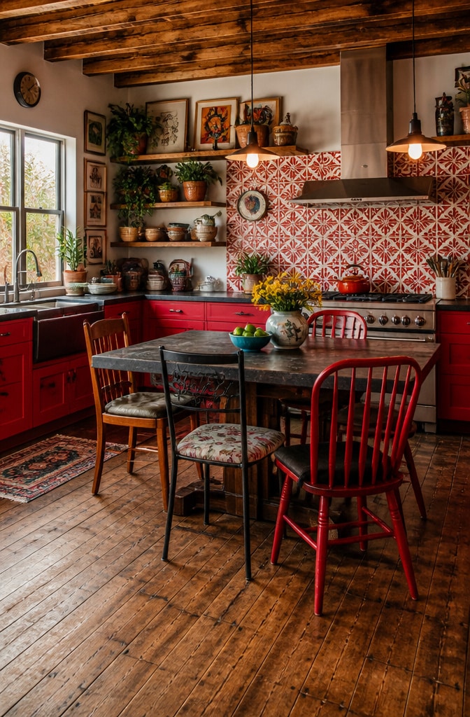 Eclectic Red and Black Kitchen with Artistic Flair