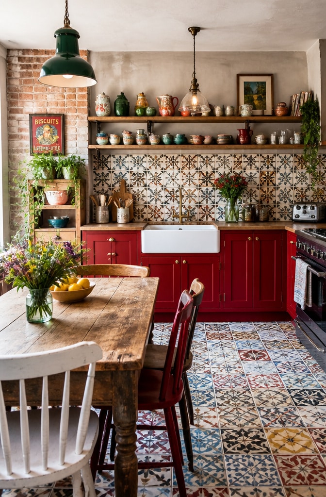 Eclectic Red Farmhouse Kitchen with Patterned Tiles