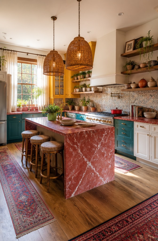 Eclectic Red Marble Boho Kitchen