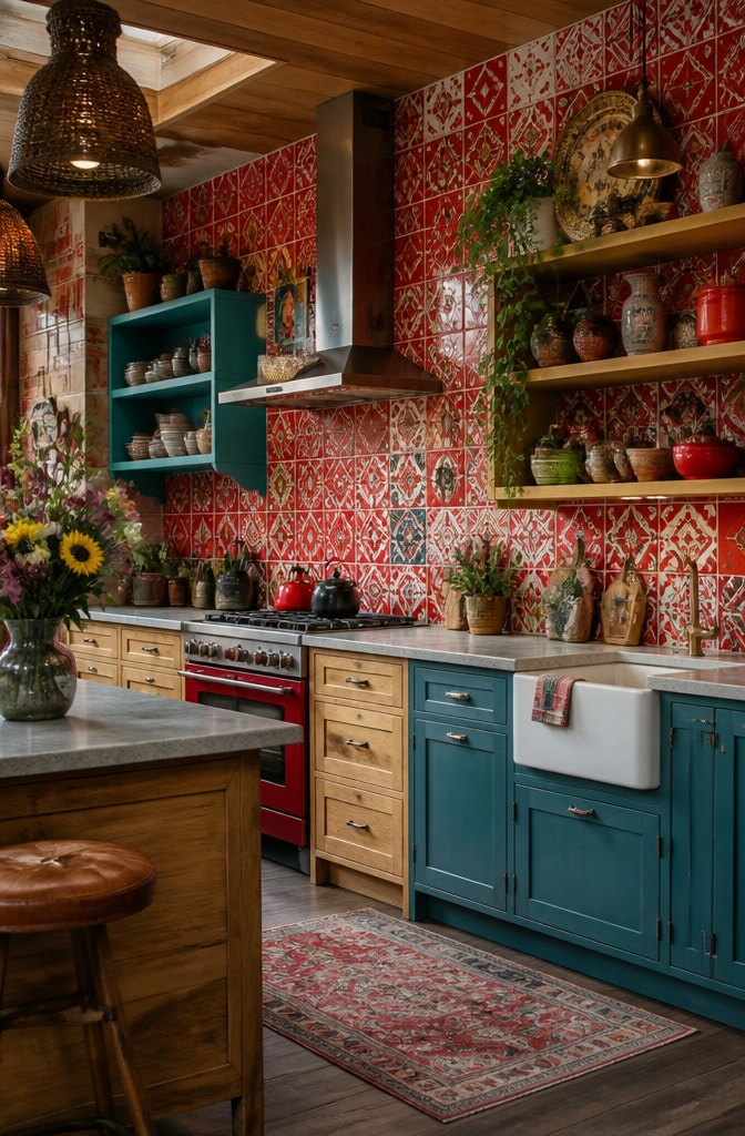 Eclectic Red Patchwork Tile Kitchen