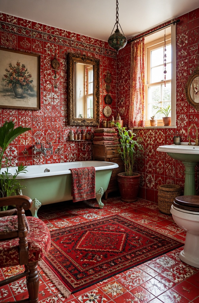 Eclectic Red Patterned Tile Bathroom