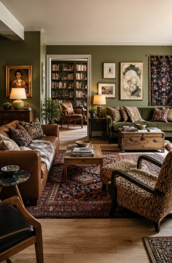 Eclectic Sage Green and Earthy Brown Living Room
