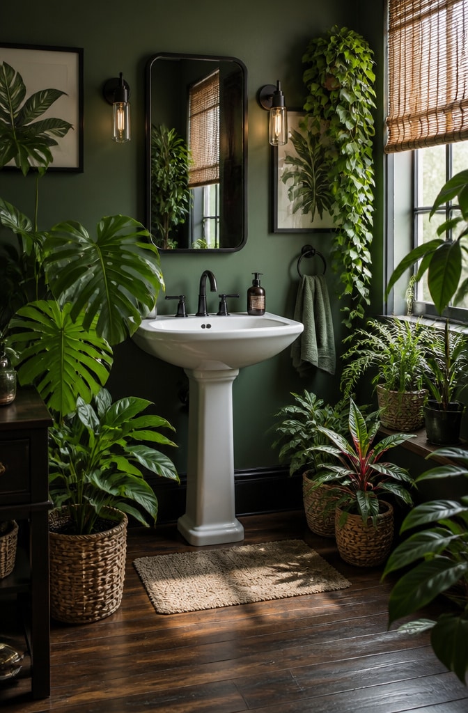 Eclectic Urban Jungle Pedestal Sink Bathroom