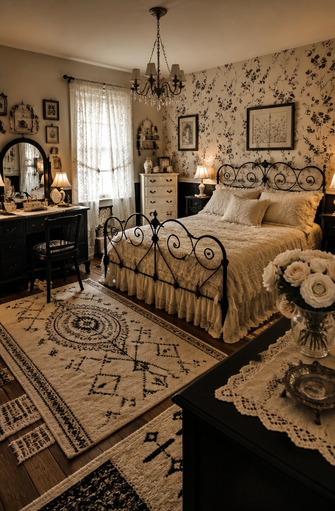 Eclectic Vintage Black and Cream Bedroom