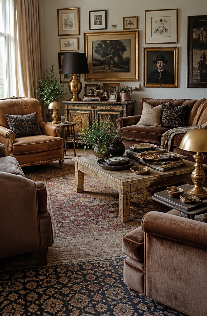 Eclectic Vintage Brown and Gold Living Room