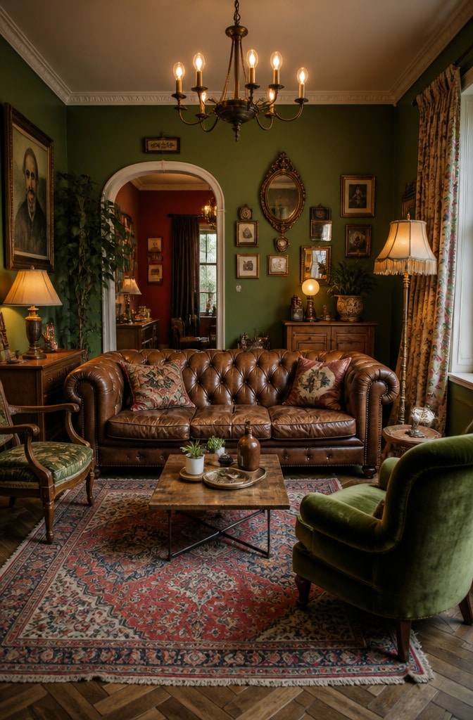 Eclectic Vintage Brown Leather Couch Living Room